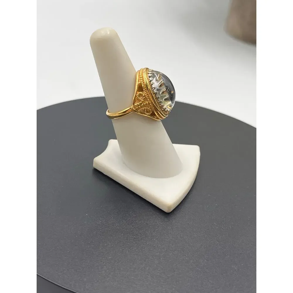 D'Orlan Style Vintage Gray Glass‎ Domed Cabochon Cocktail Ring Gold Plated Sz 7